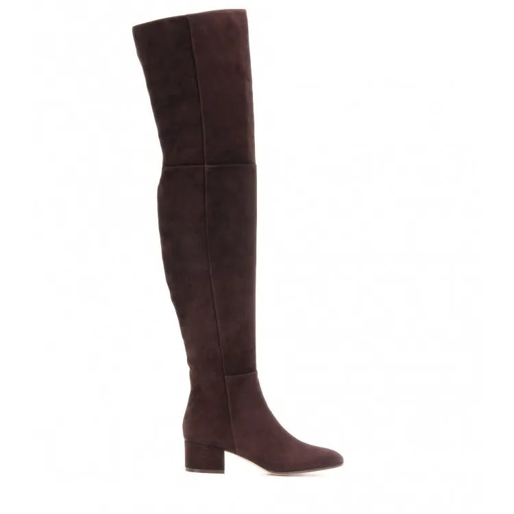 Grey suede women's over the knee flat boots with a pointed toe and low block heel on a neutral background.
