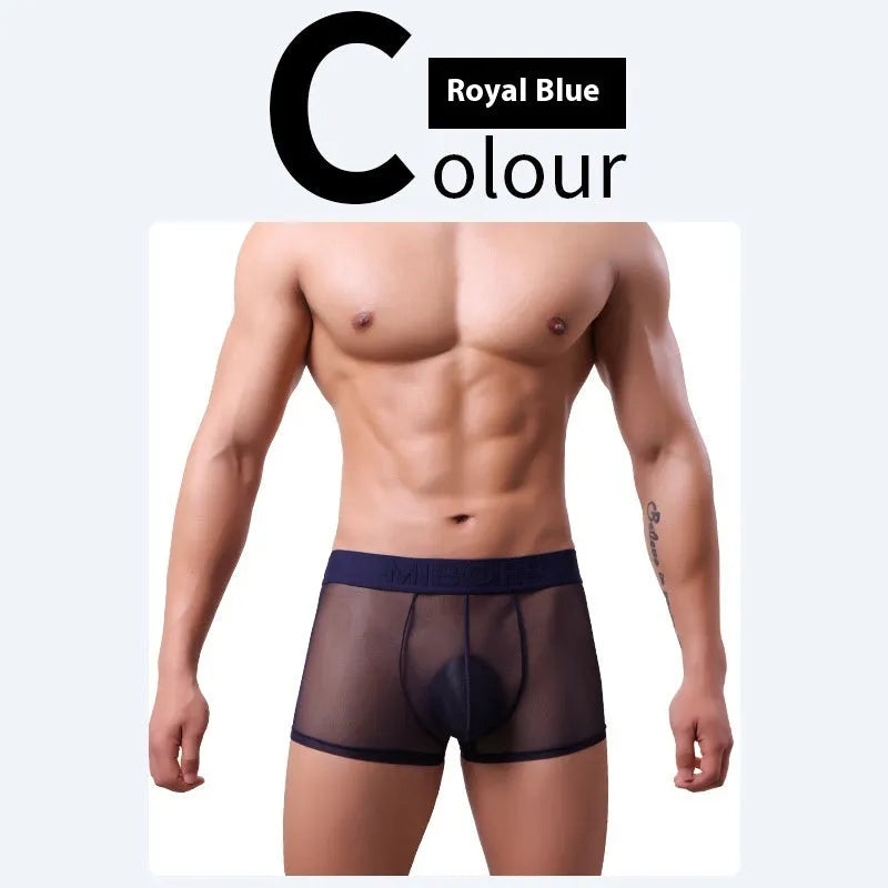 Men's thin solid colour boxer shorts in quick-dry polyester fabric on a size chart.