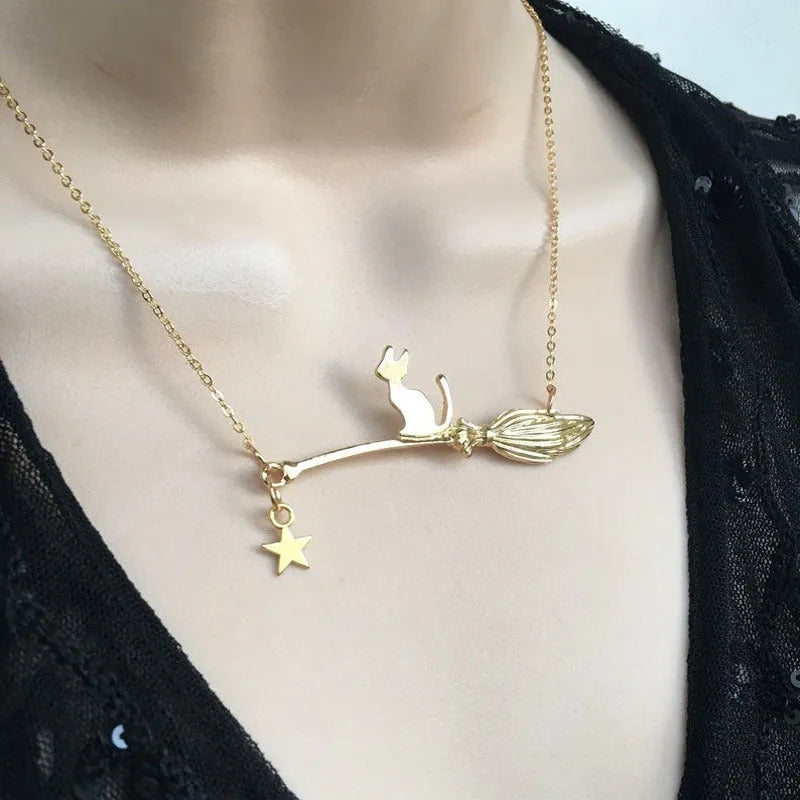Black cat alloy pendant necklace for women in gold and silver Halloween jewellery