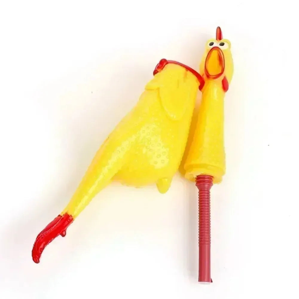 Yellow rubber screaming chicken dog squeaky toy shown in three sizes