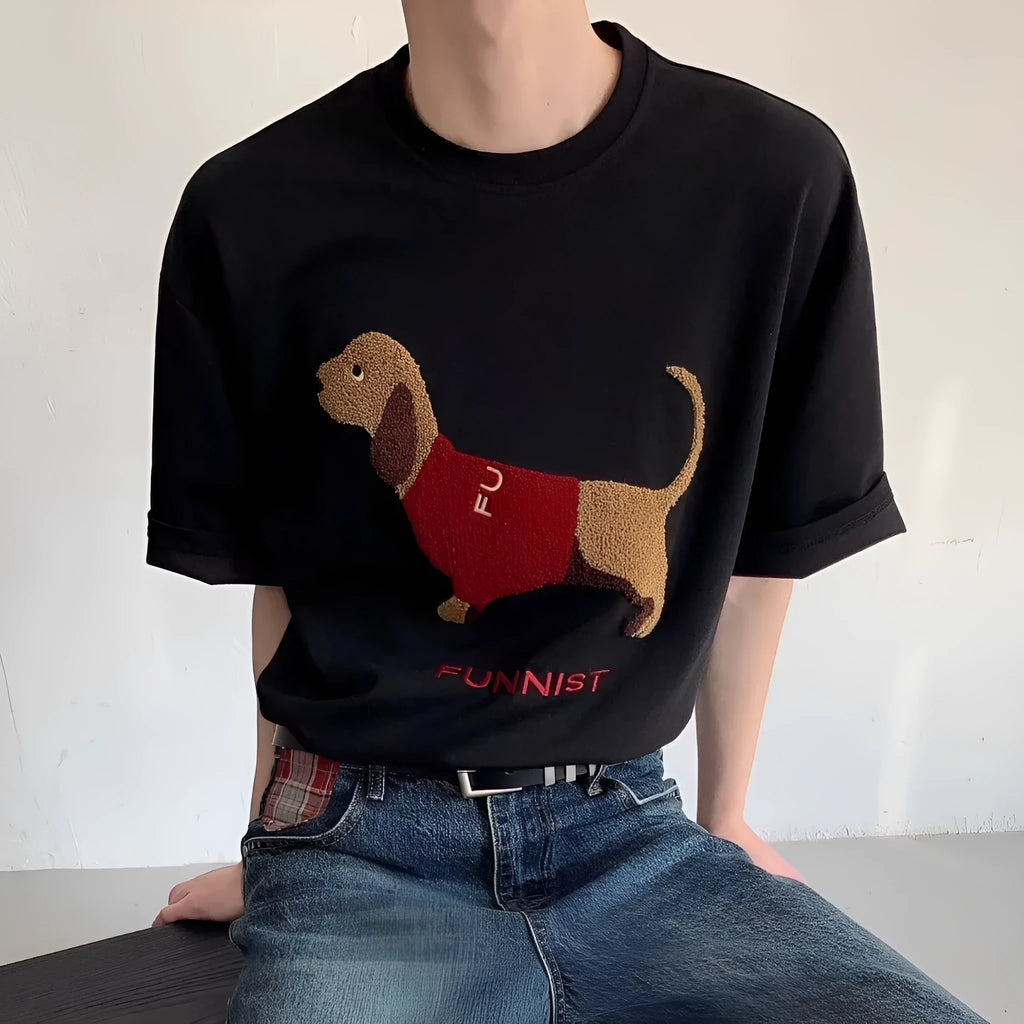 Men's grey cotton t-shirt with an embroidered black and white dachshund dog design on the chest.