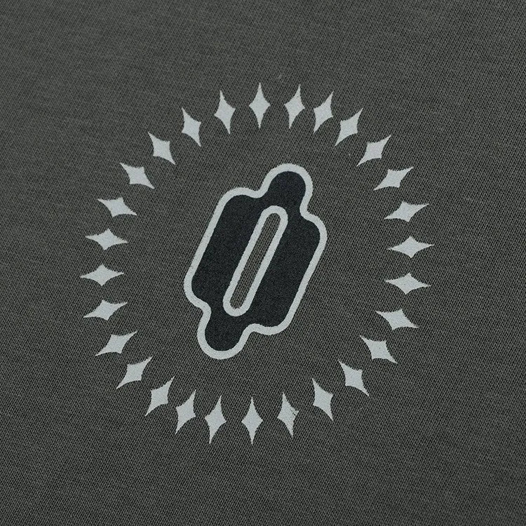Grey khaki loose fit cotton pullover with drop shoulders and a printed lettered pattern.