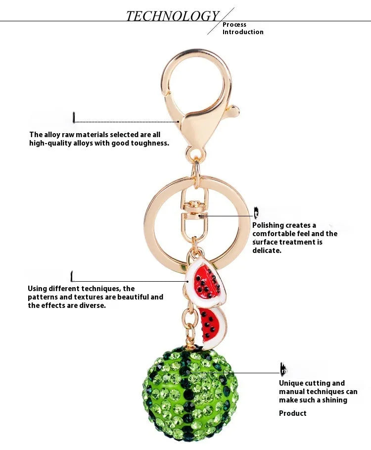 Green watermelon-shaped zinc alloy keychain measuring 12cm with keyring.