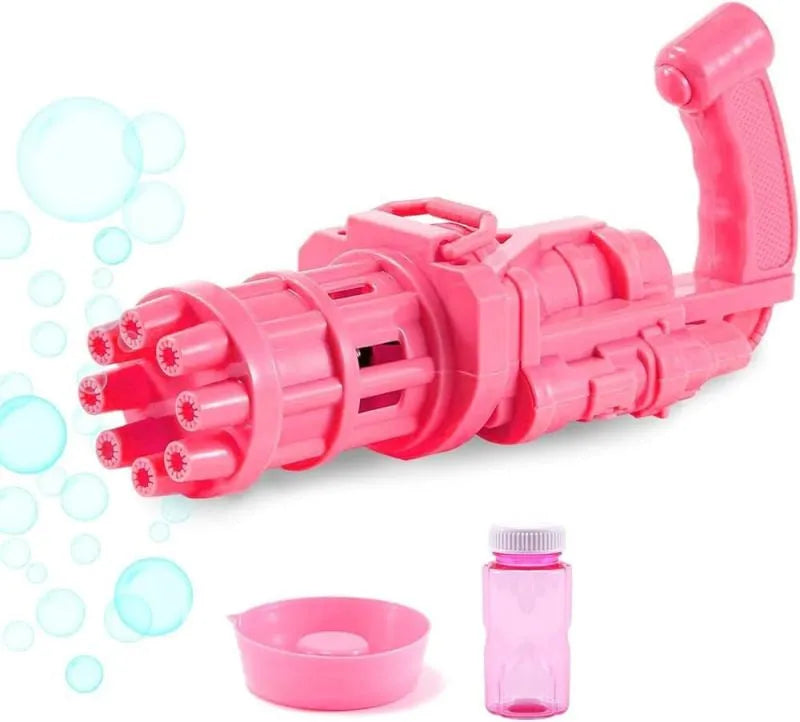 Kids bubble machine gun toy in pink, gold, or black colours with trigger and removable bubblehead.