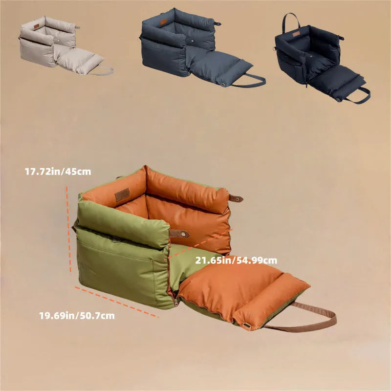 Green waterproof PU leather dog car nest with removable bed, showing 55x50x45cm dimensions.