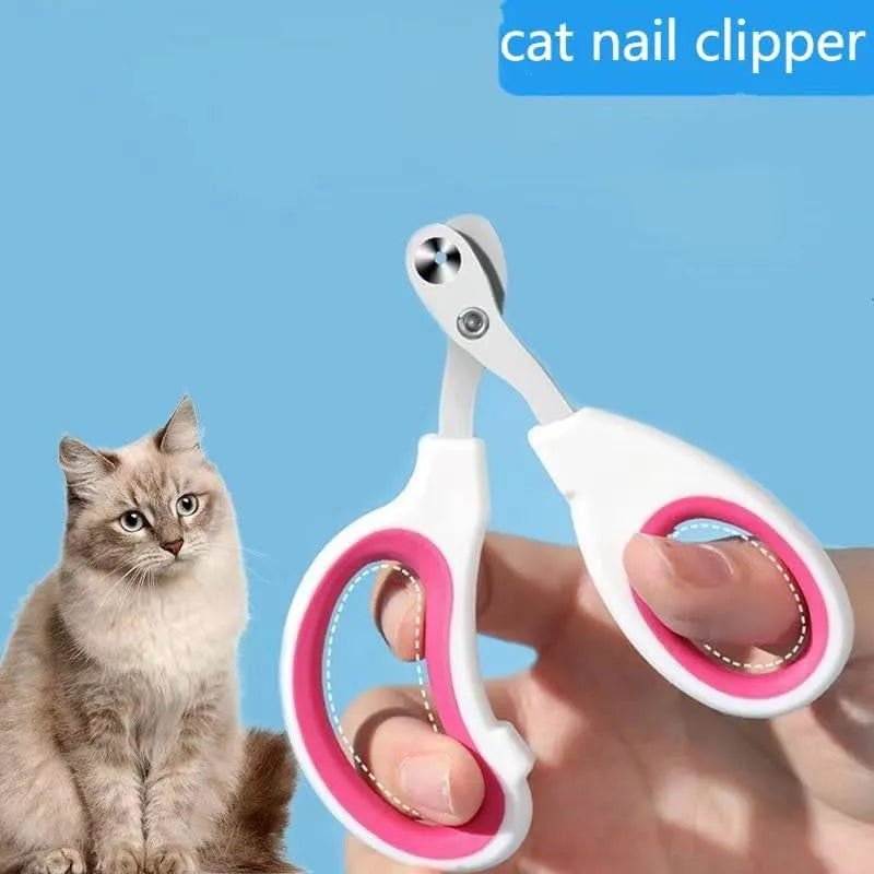 Blue cat nail clippers with circular hole and safety aperture for trimming pet nails