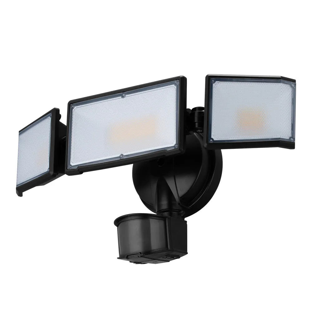 White or black LED security flood light with motion sensor for outdoor installation