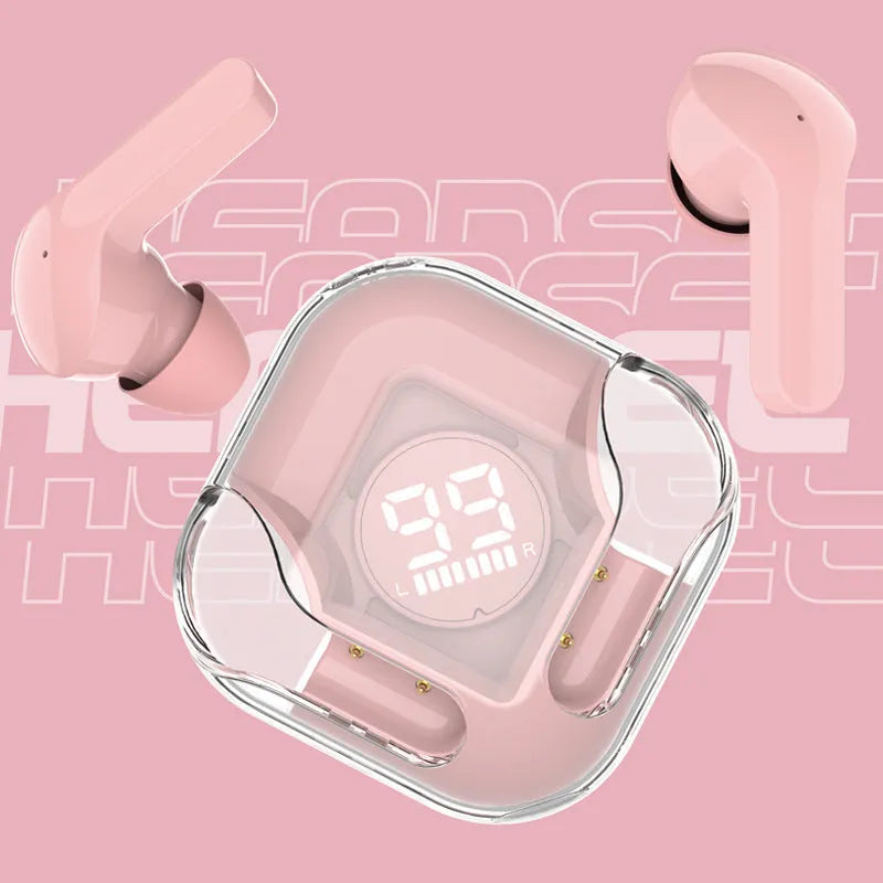 Transparent Bluetooth TWS wireless earphones showing in-ear design with noise reduction in colour options