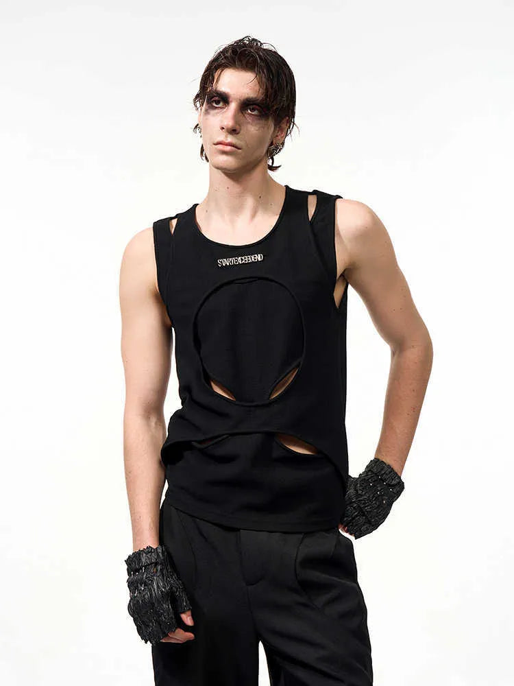 Men's black sleeveless waistcoat vest with hollow knit design and round neck collar