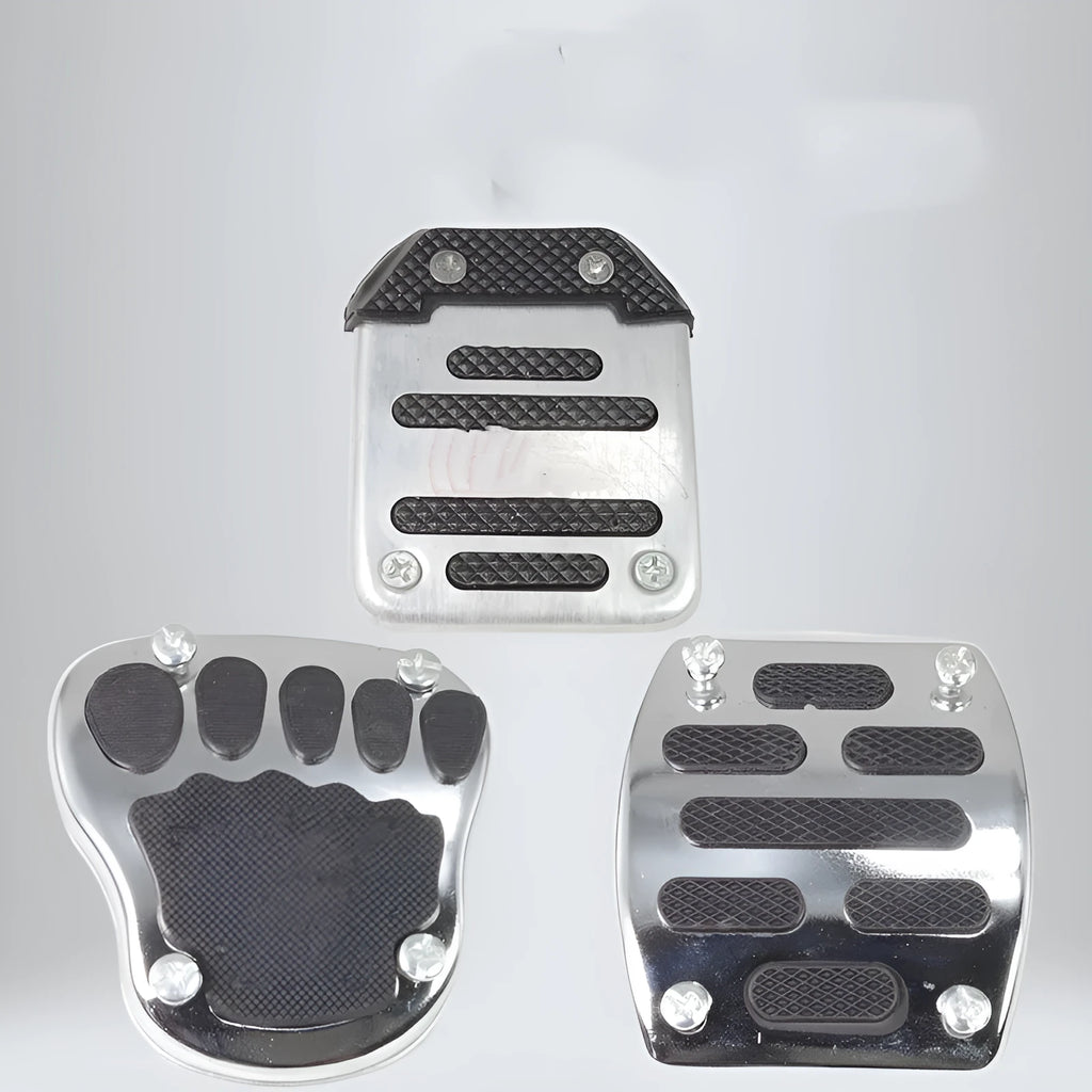 Metal motorcycle brake pedal skid plate replacement part showing three colour options