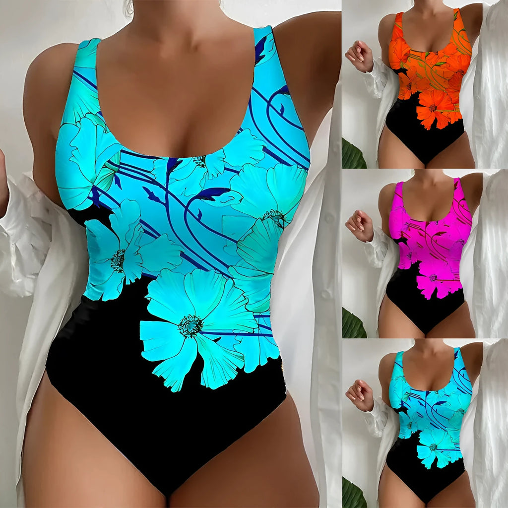 Women's one-piece swimsuit with 3D printed pattern in orange red, sky blue, or purple.