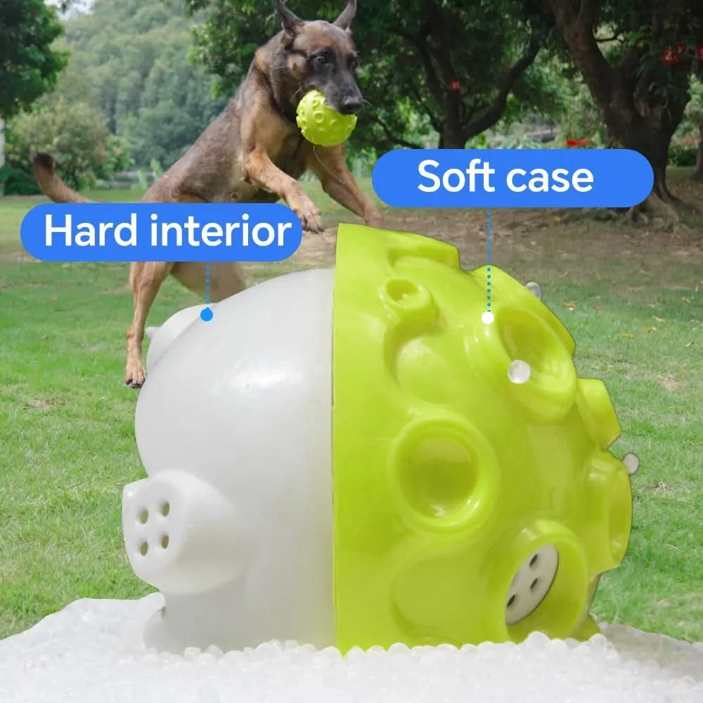 Durable dog chew toy ball with textured surface for teeth cleaning and anxiety relief