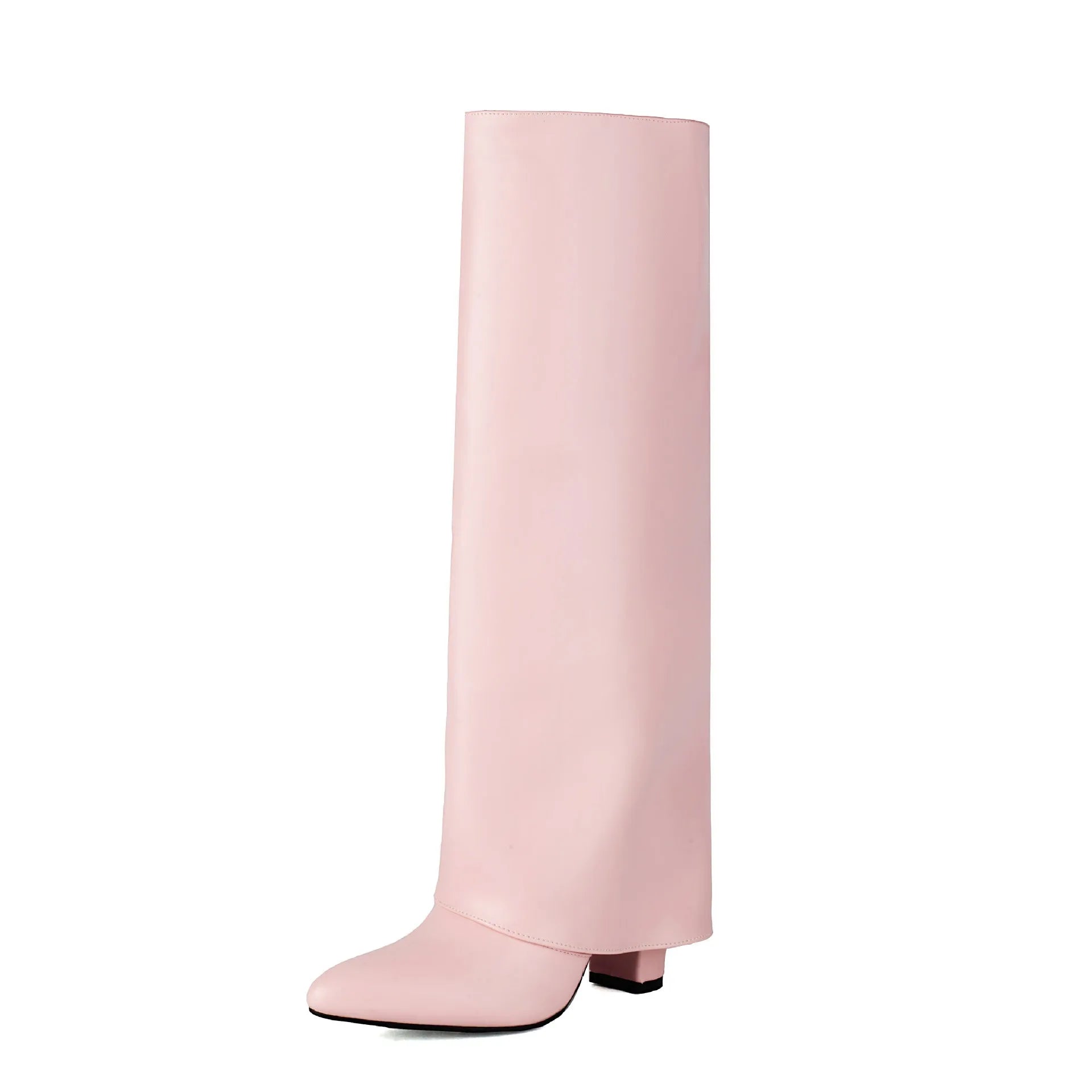 Women's black thick high heel boot with sewing line detail on artificial PU upper