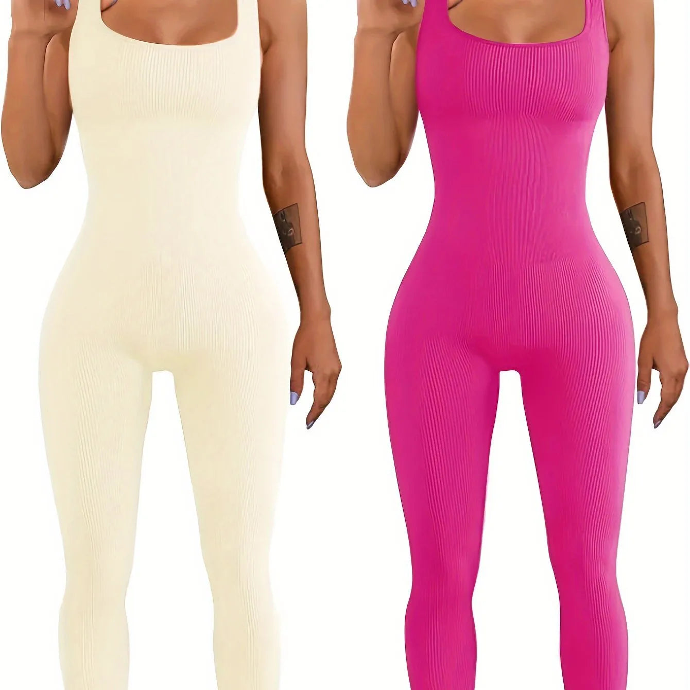 Women's beige suspender tank top tights with button detailing and long sleeves made from spandex fabric.