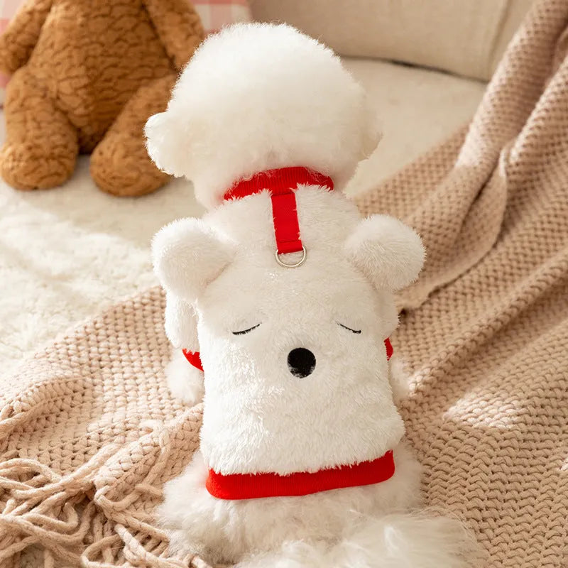 White plush bear pet jacket with 3D bear face, closed eyes, red knit trim, and metal leash ring for small dogs