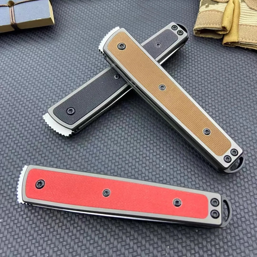 Folding fruit knife with stainless steel blade in black, red or coffee colour options, shown open to 17cm total length