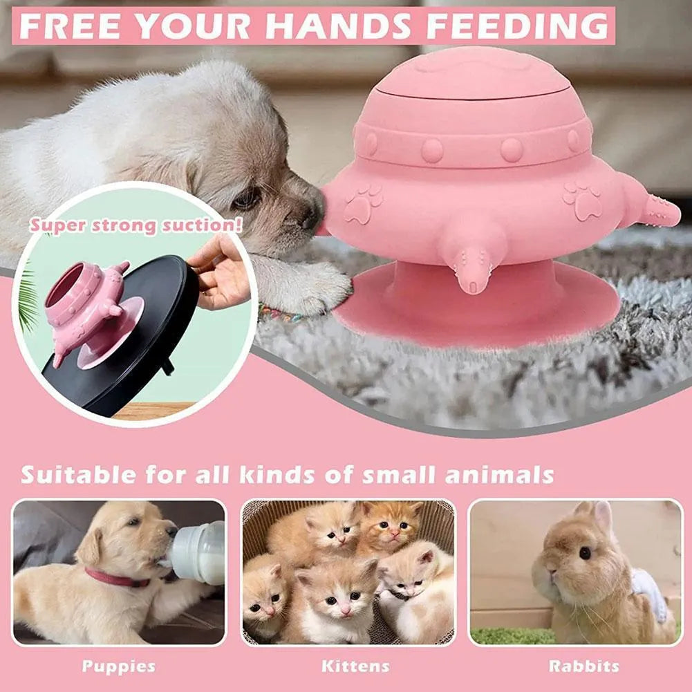 Pink silicone pet nursing device with breast-shaped milk bowl and pacifiers for feeding puppies and kittens