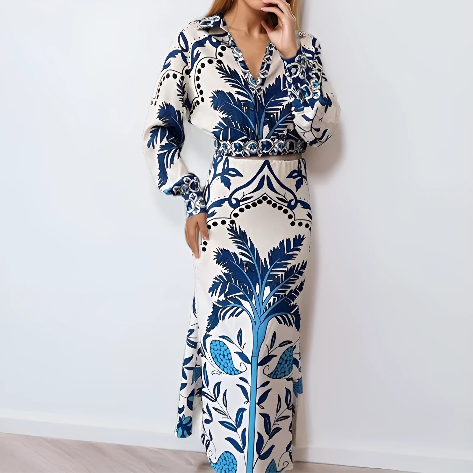 Women's polyester casual fashion set with long sleeves and long skirt in picture colour