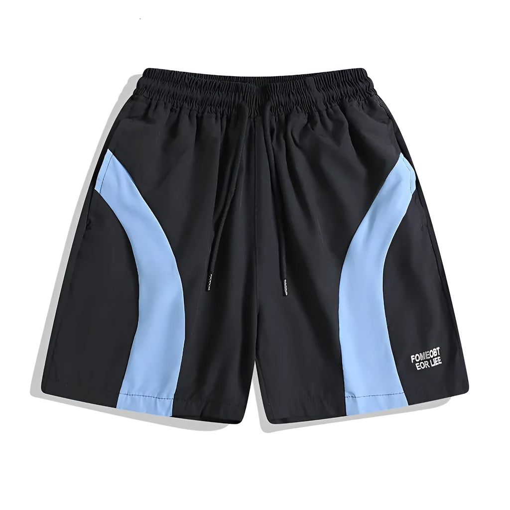 Quick-drying black and grey sports shorts with elastic waistband and straight-leg fit