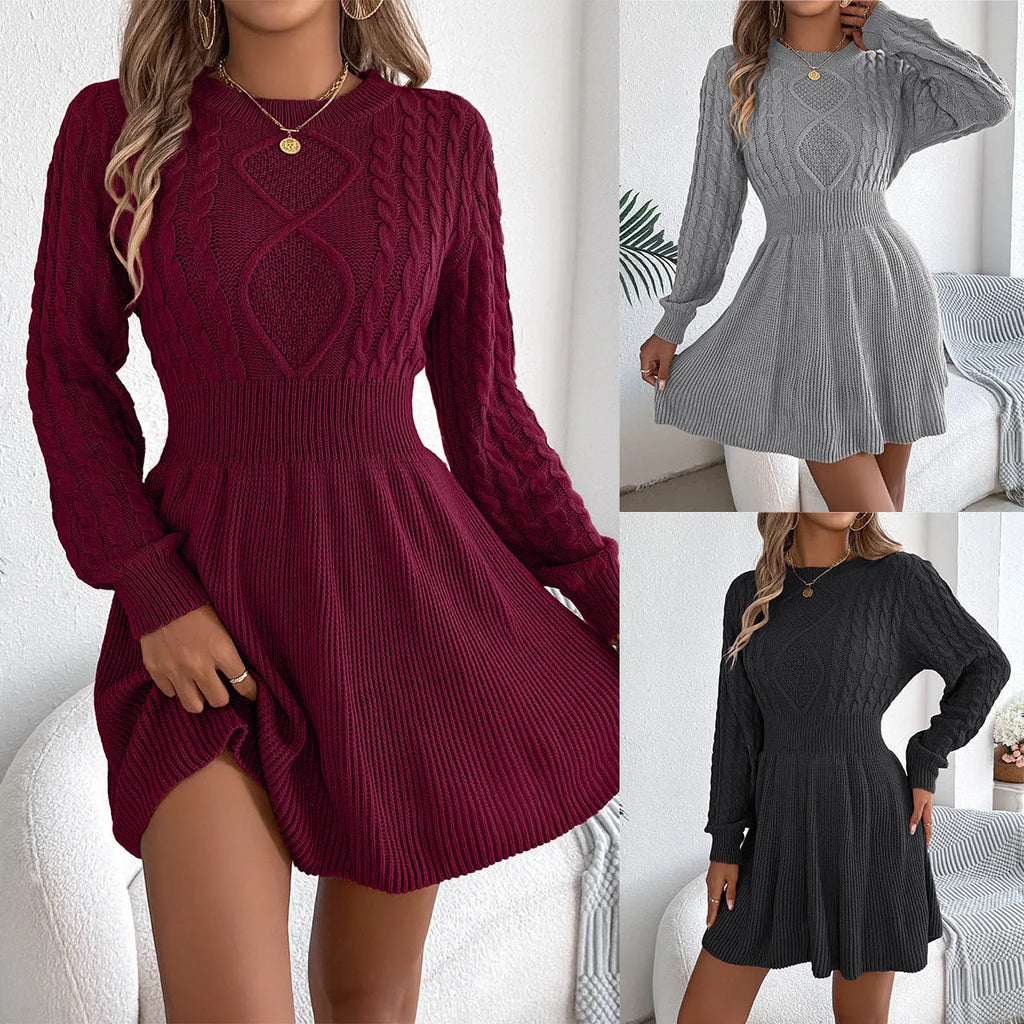 Women's solid colour acrylic artificial fur sweater dress with lantern sleeves and twist waist