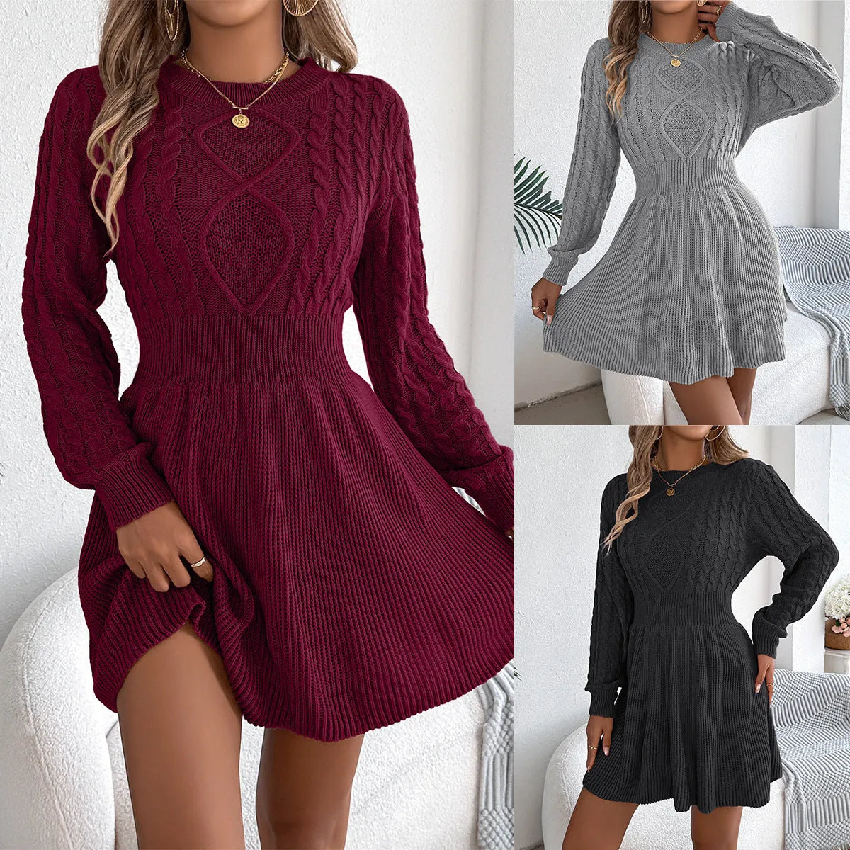 Women's solid colour acrylic artificial fur sweater dress with lantern sleeves and twist waist