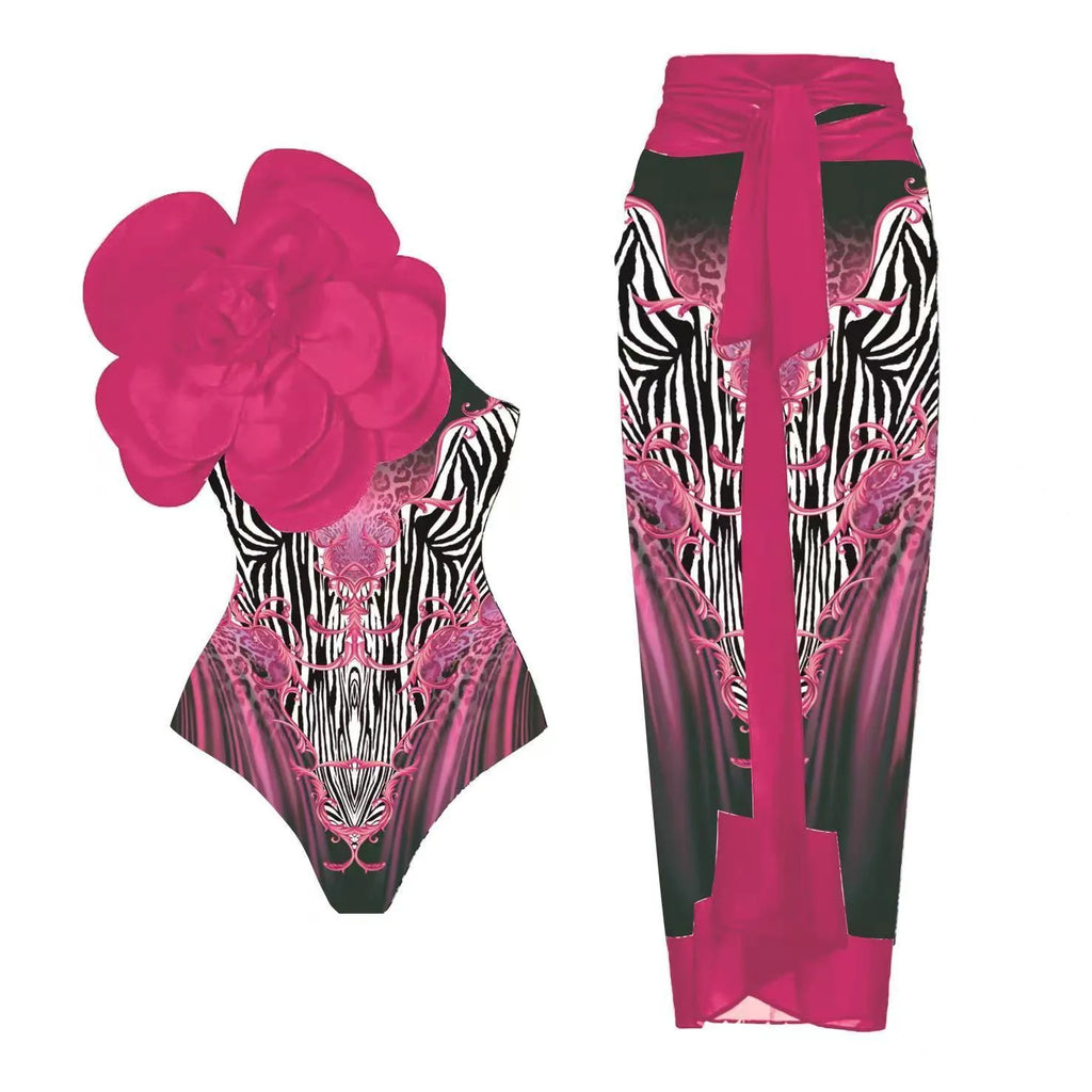 Women's floral print one-piece swimsuit with matching sarong wrap skirt in multiple colour options