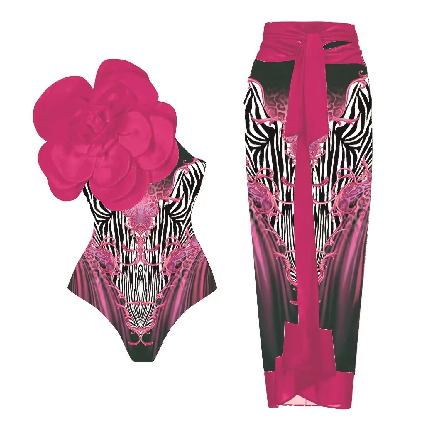 Women's floral print one-piece swimsuit with matching sarong wrap skirt in multiple colour options