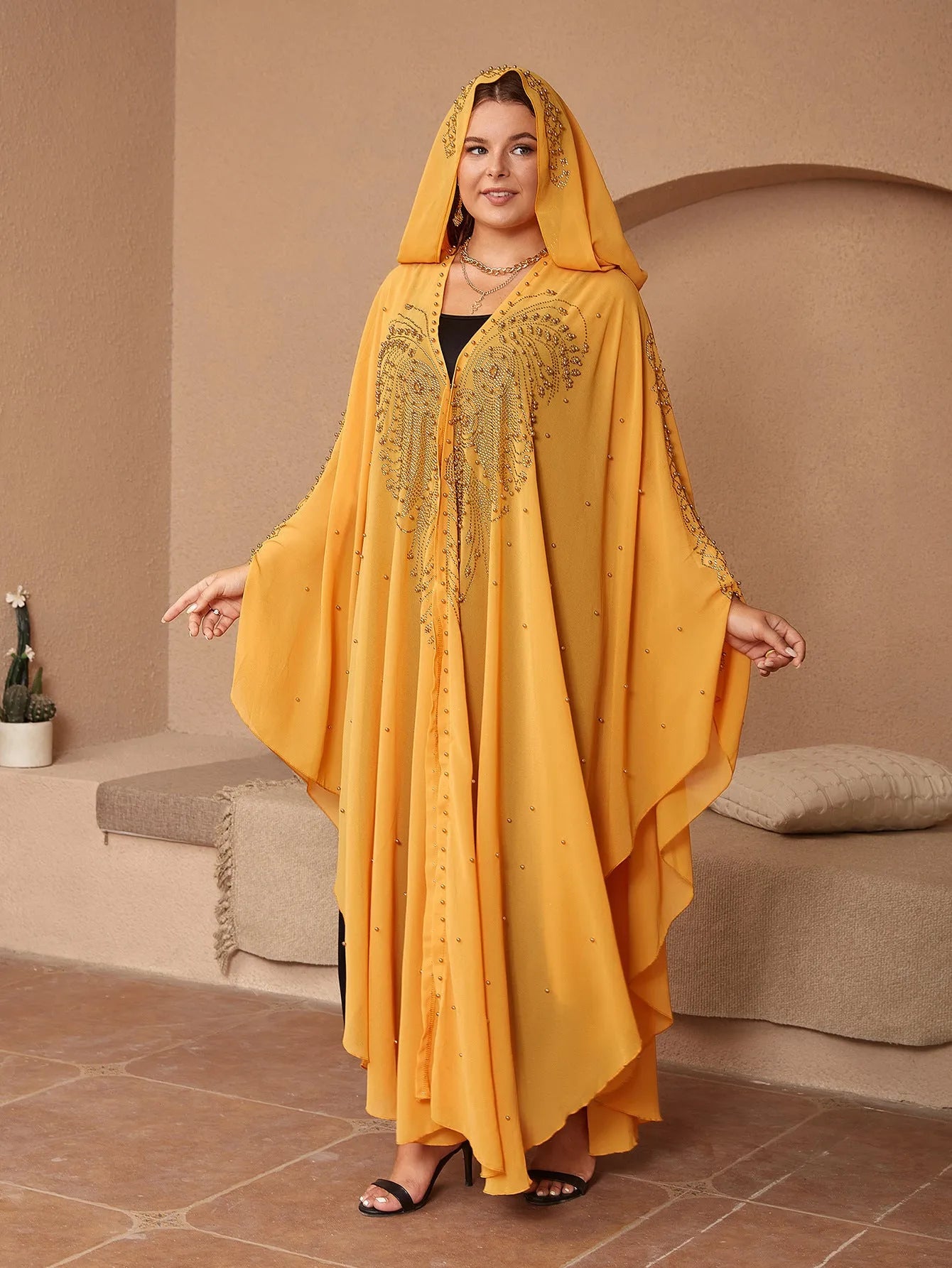 Muslim style chiffon cape shawl with rhinestone beading in multiple colour options