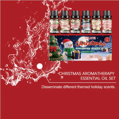 Christmas aromatherapy oil set showing six 60ml bottles with warm home scents for festive air freshening