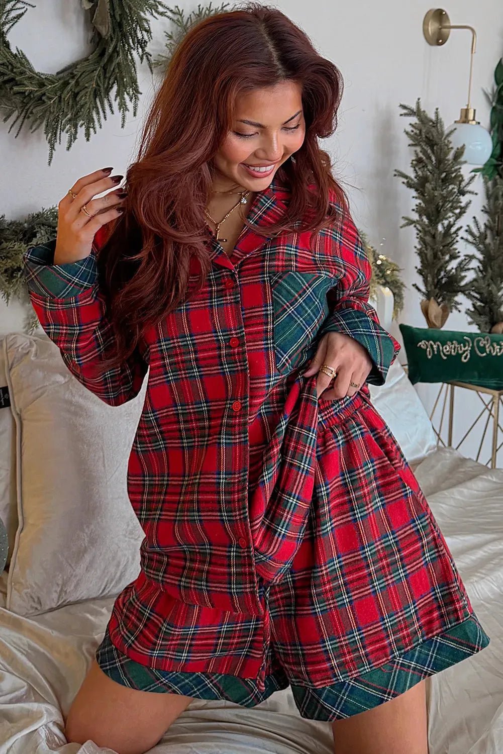 Red plaid contrast patched Christmas pyjama set with long sleeve shirt and matching shorts