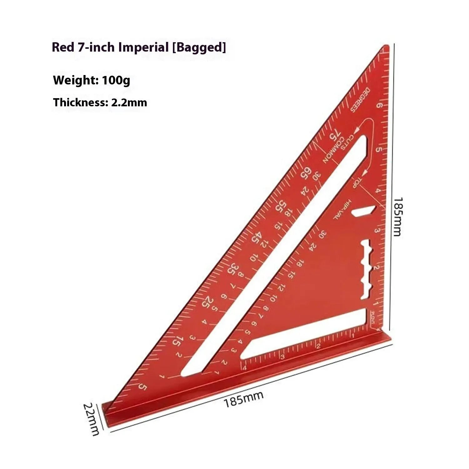 Red 7-inch metal combination angle ruler with metric scales on both sides for civil surveying