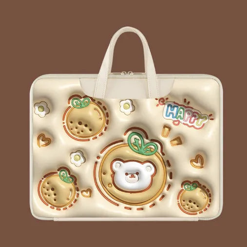 Inflatable PU leather laptop bag in cat beige colour with luggage strap, suitable for 13 to 15.6 inch laptops.