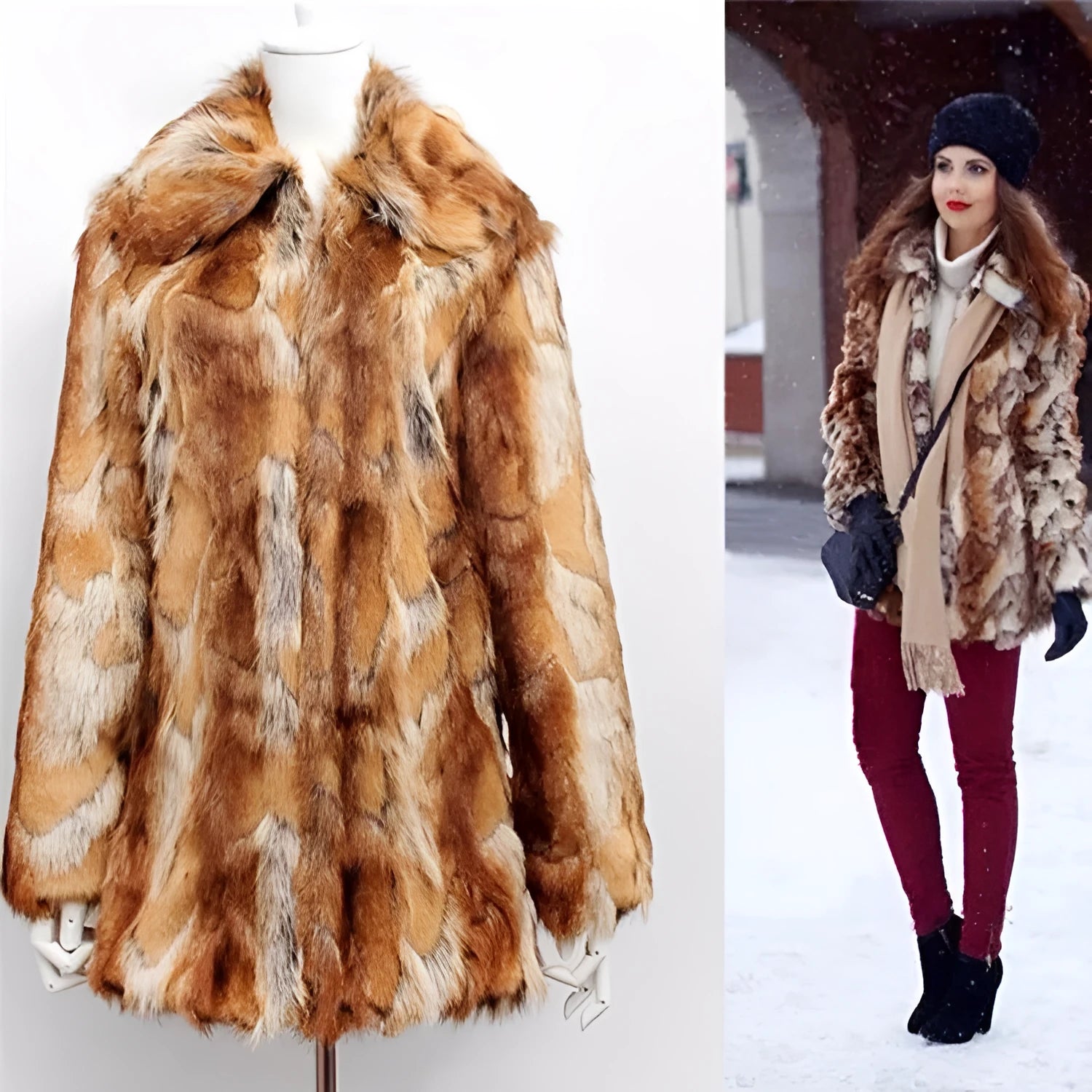 Women's tiger pattern faux fur leather jacket in medium length on a model.