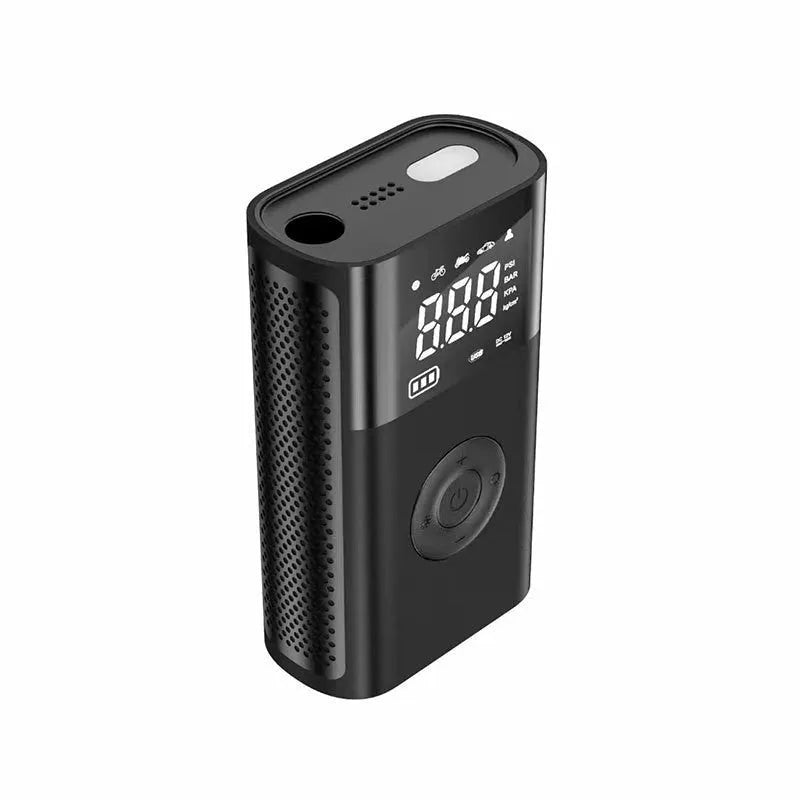 Handheld wireless digital display tyre pump with LED light and multiple nozzle attachments on a white background