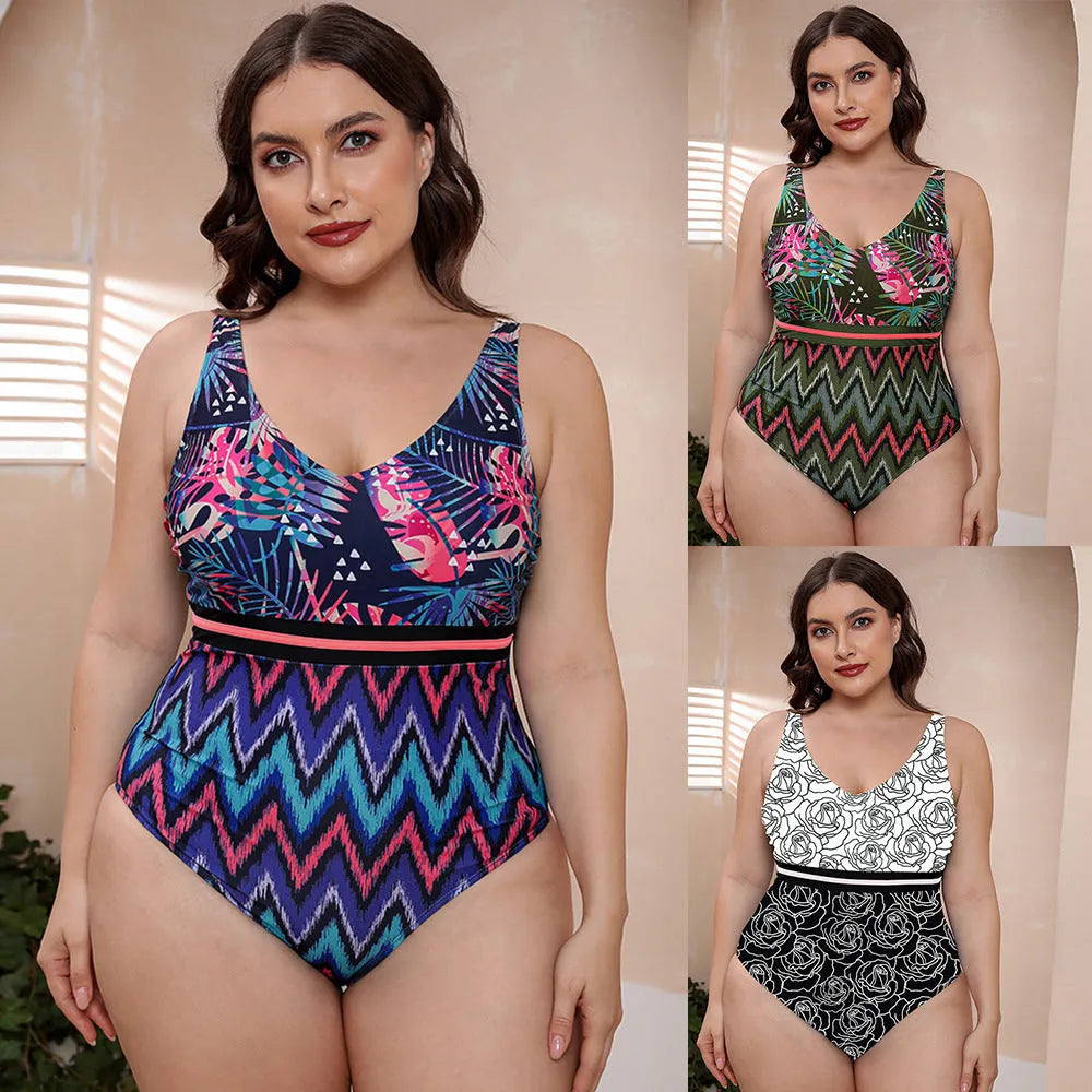 Women's striped vest-style one-piece swimsuit with spaghetti straps and printed pattern