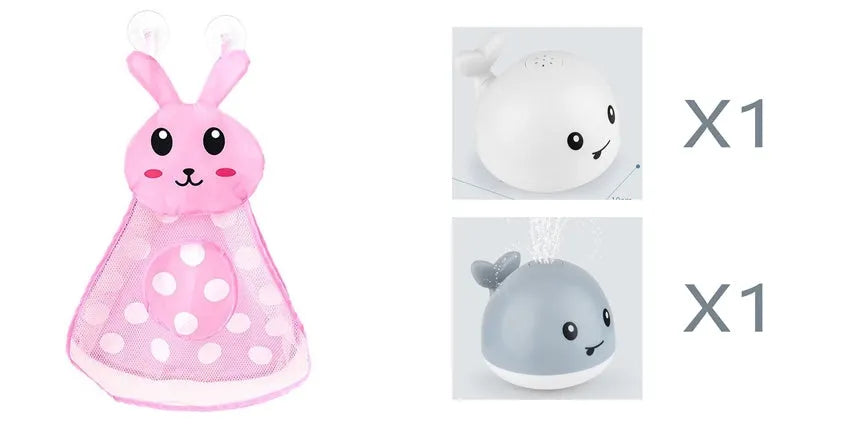 Electric whale-shaped baby bath toy with water spray, LED lights, and automatic water sensor