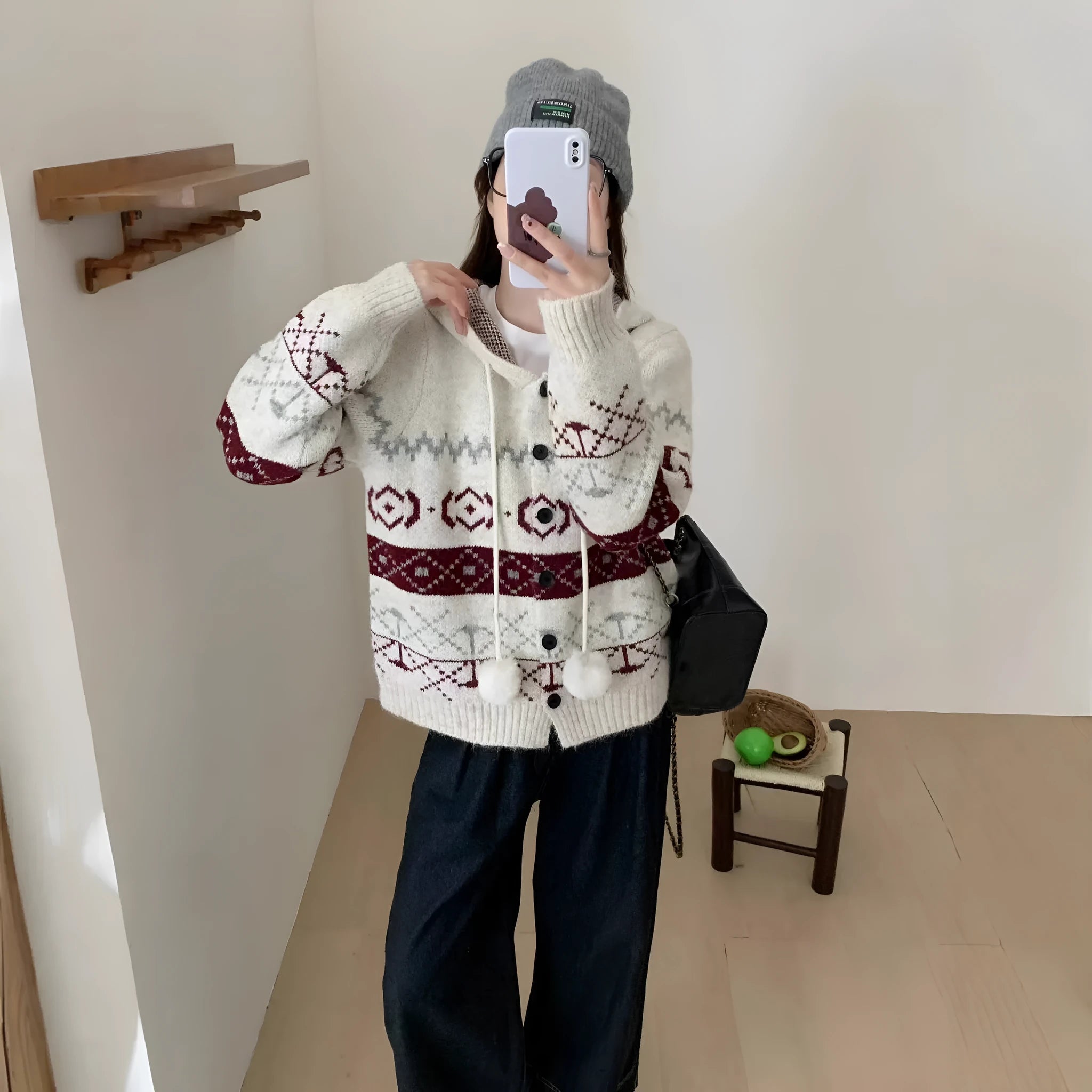 Plus size women's brocade sweater coat with geometric pattern in loose fit