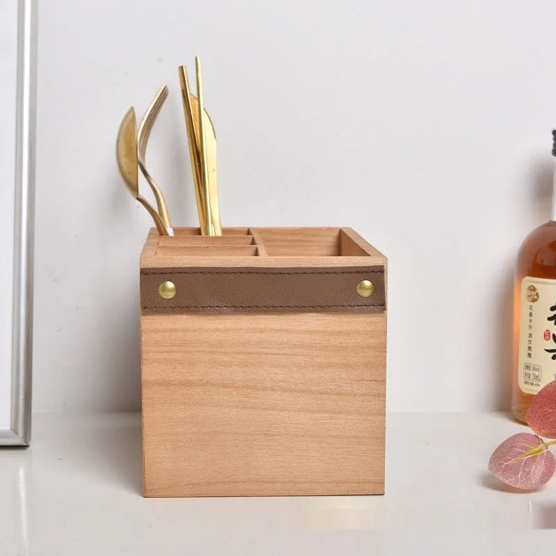 Wooden kitchen storage box for knives forks and chopsticks with internal grid compartments