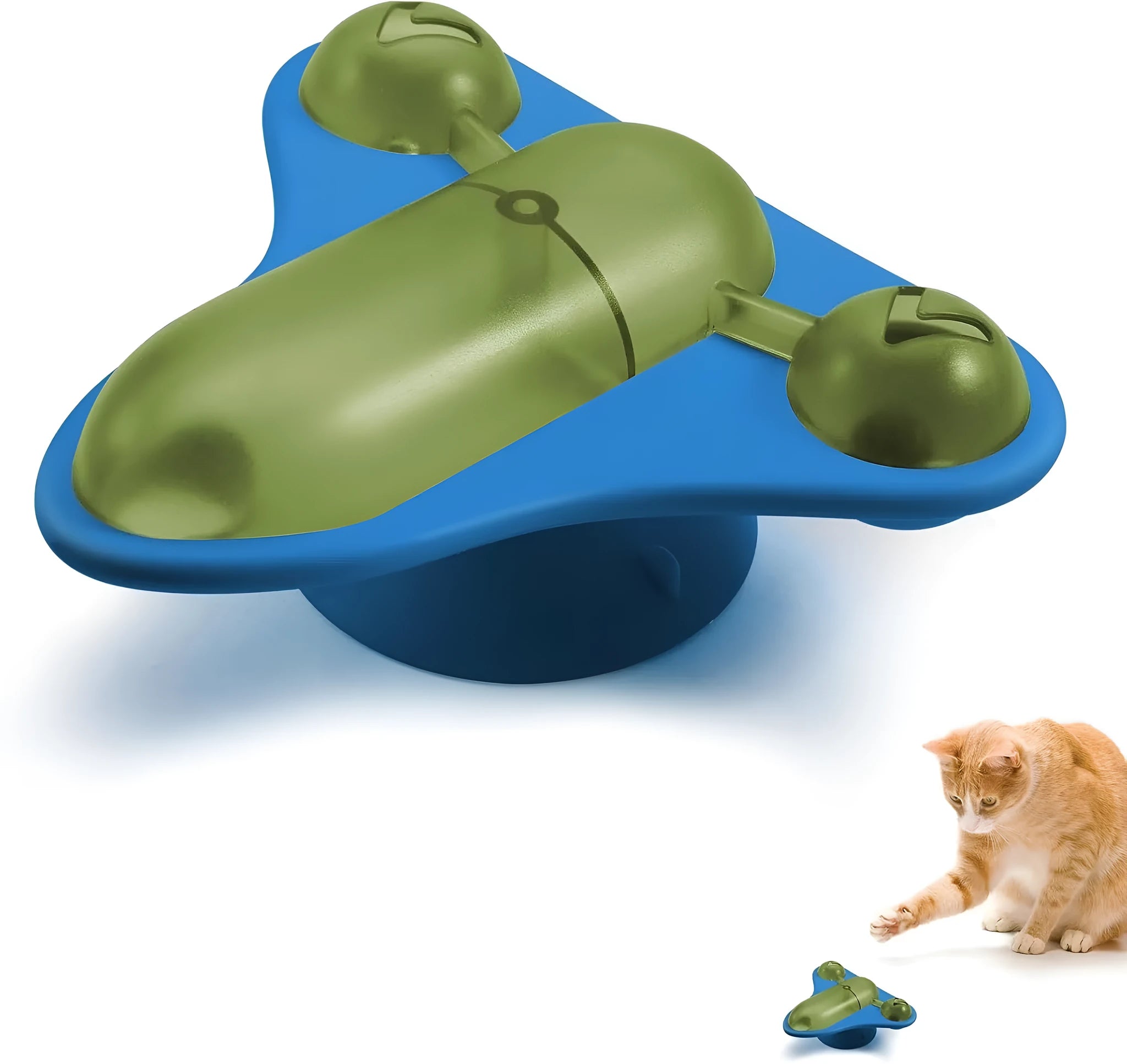Blue interactive pet puzzle feeder toy with bell, catnip, and suction cup base on a floor.