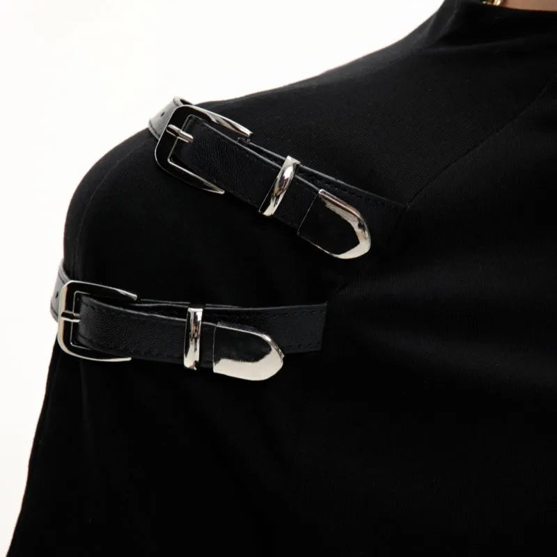 Men's black cotton short sleeve t-shirt with metal belt detail and stand-up collar