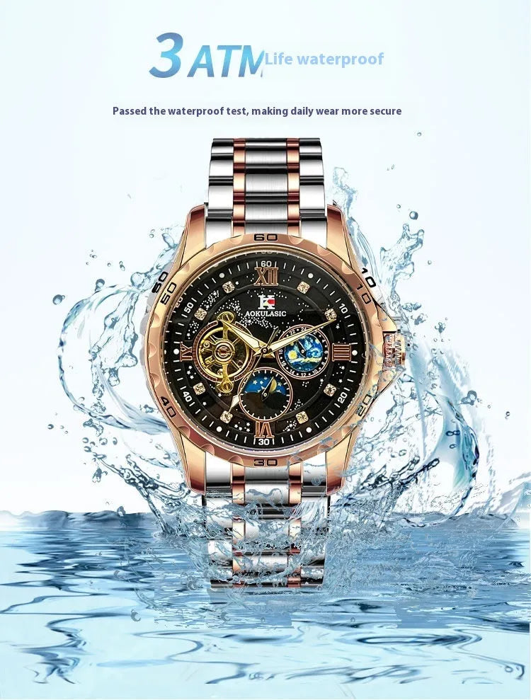 Men's automatic mechanical watch with rose gold case and black dial, 12mm thickness
