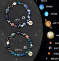 Natural stone zodiac bracelet set showing twelve astrology sign designs with mineral bead construction