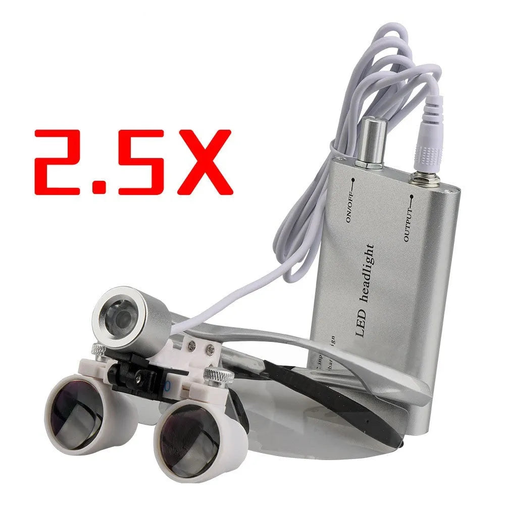 Black head-mounted dental magnifier with LED light showing 2.5X glasses and 3.5X interchangeable lens