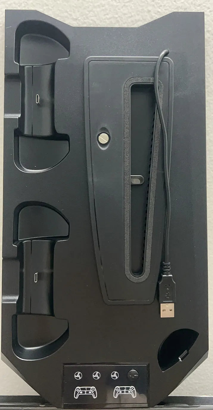 PS5 charging base radiator stand in black or white with USB port and earphone hook.