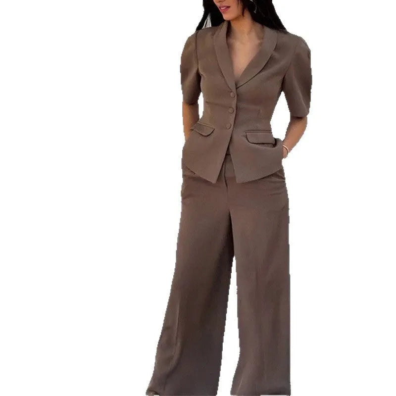 Men's brown slim fit polyester suit with waist-length top and matching trousers