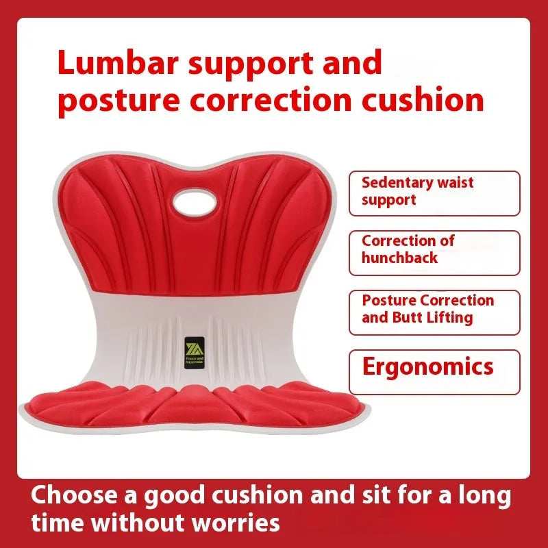 Gray ergonomic office seat cushion with integrated waist support design on wooden chair