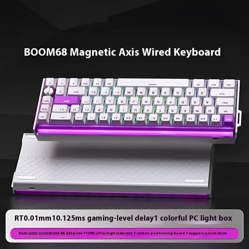 BOOM68 compact mechanical keyboard with RGB backlighting in Green Magic Blade colour scheme on a desk.
