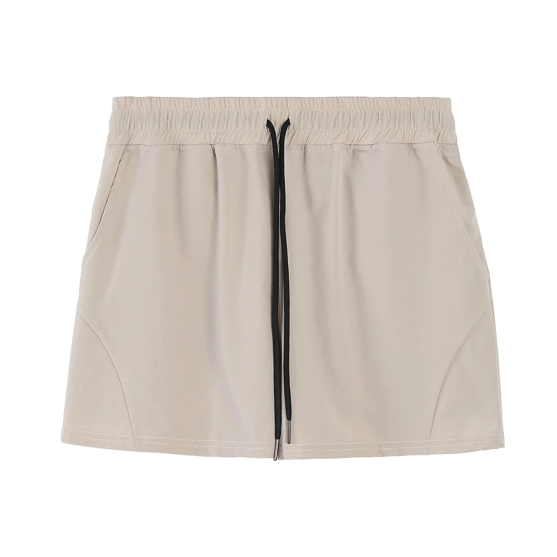 Men's thin grey polyester basketball shorts with an elastic waistband on a plain background
