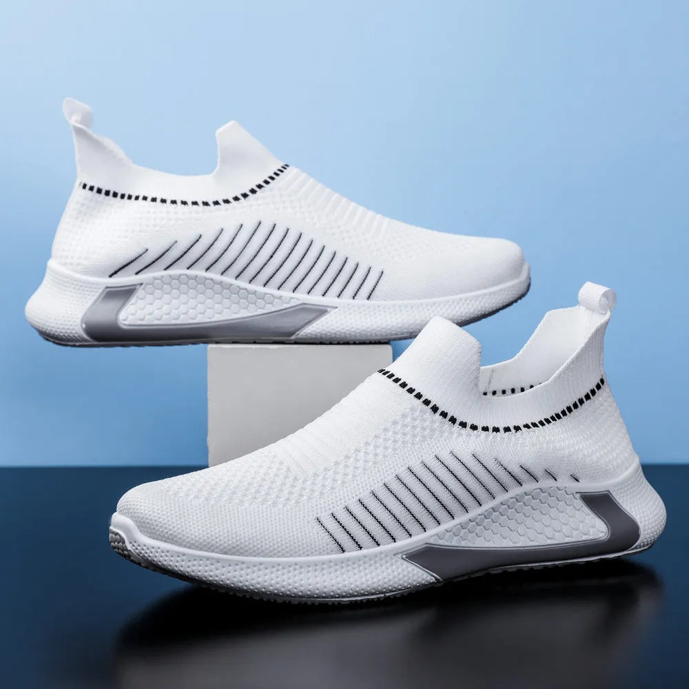 Men's mesh sock shoes with striped design showing flyknit upper and front lace-up styling