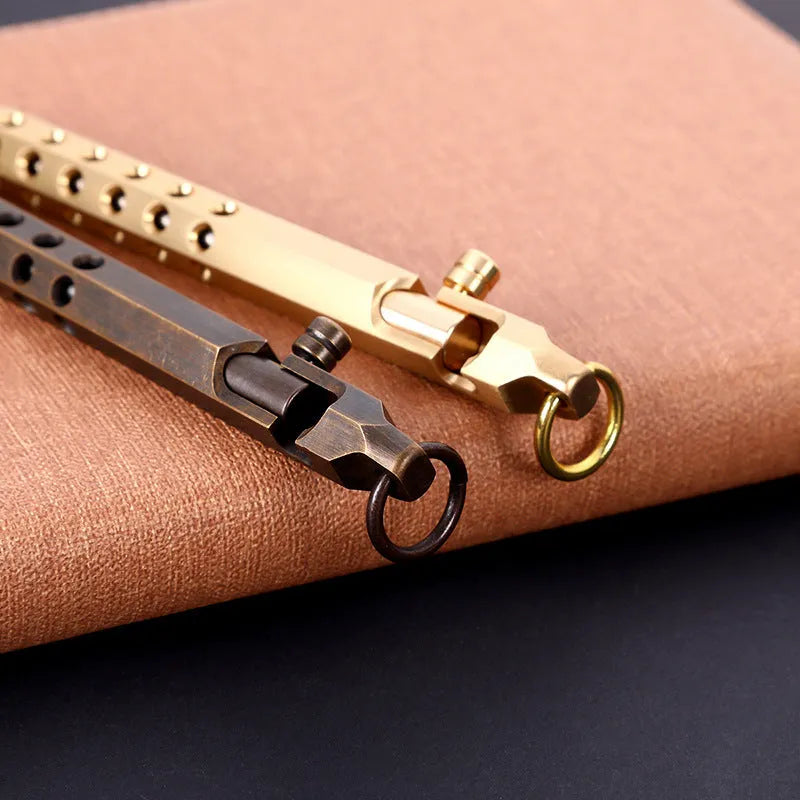 Retro brass hexagonal bolt pen with six-angle barrel design showing 13cm length and brass construction